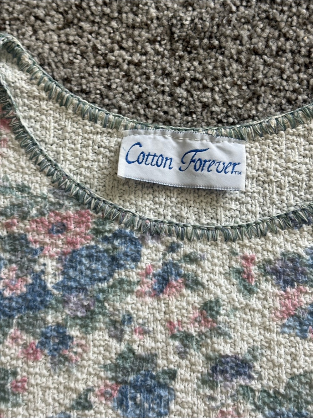 Vintage Floral Knit Sweater Tee - Cream, Blue & Pink - Picture 2 of 6